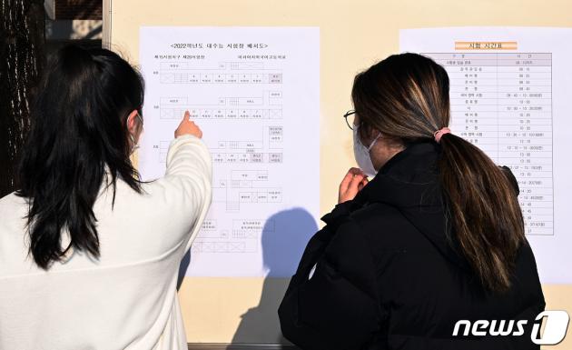 한 고등학교에서 수험생들이 시험장 배치도를 확인하고 있다. /뉴스1 ⓒ News1 사진공동취재단