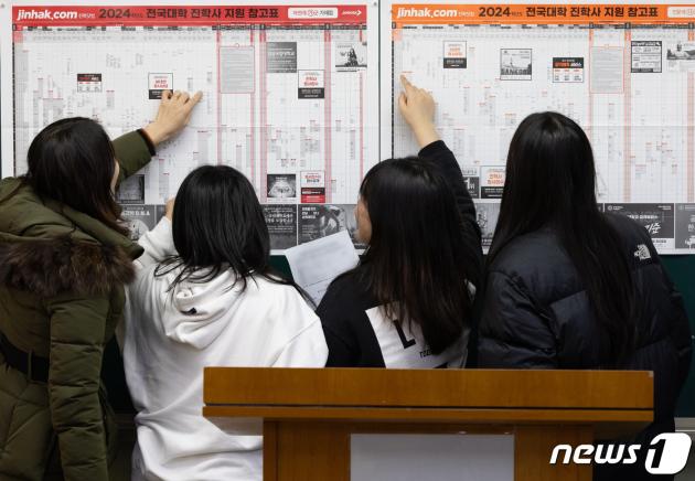 한 고등학교에서 3학년 학생들이 전국대학 지원 참고표를 살펴보고 있다. /뉴스1 ⓒ News1 이재명 기자
